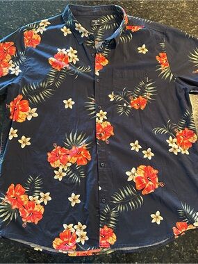 Hurley Navy Button-Down Shirt with Red & White Floral Print